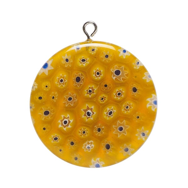 Focal, millefiori glass and silver-finished steel 1pkg1, focal translucent orange / cobalt blue / white, 30mm puffed flat round. image number 0
