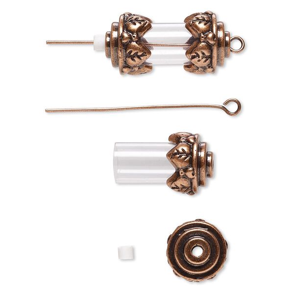 Drop, acrylic and antique copper-finished brass and "pewter" (zinc-based alloy), clear, 24x12mm with 15x8mm round tube and removable ends, 1-1/2 inch eye pin. Sold per pkg of 2. image number 0