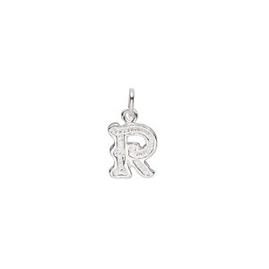 Charm, sterling silver, 9x7mm fancy block alphabet letter "R." Sold individually.
