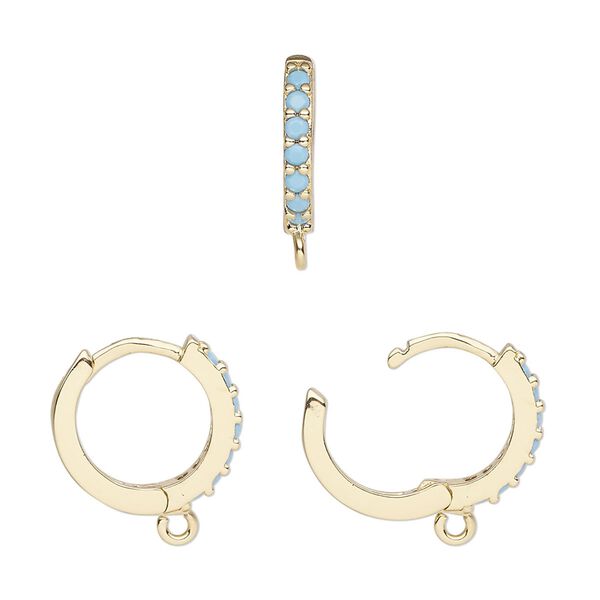 Hoop, gold-finished brass and glass, turquoise blue, 15mm hoop, 17 gauge. Sold per pair. image number 0