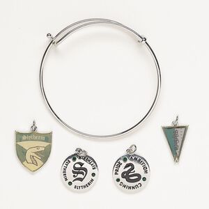 Bracelet and charm assortment, antique silver-finished brass / glass / enamel, green and ecru, Slytherin theme, 7-1/2 inches. Sold per 5-piece set.