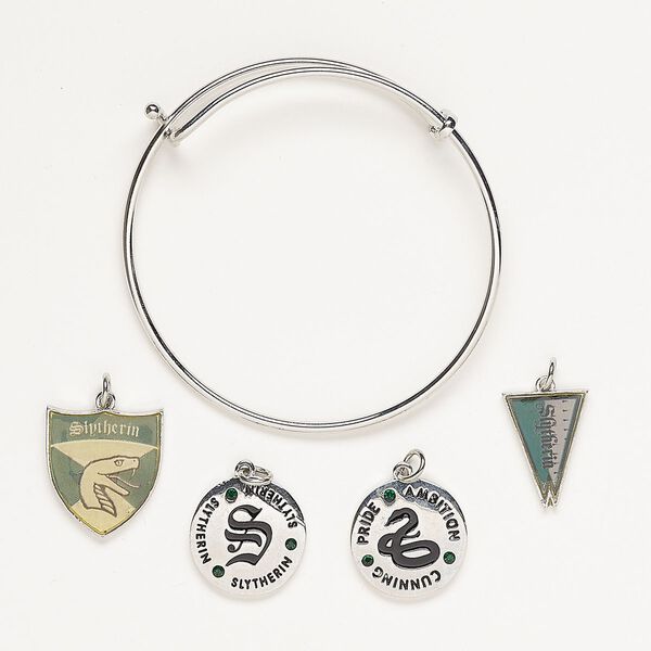 Bracelet and charm assortment, antique silver-finished brass / glass / enamel, green and ecru, Slytherin theme, 7-1/2 inches. Sold per 5-piece set. image number 0