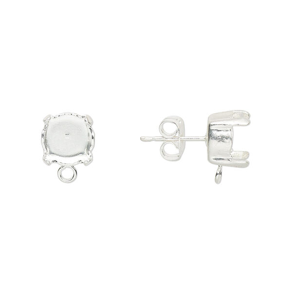 Earstud, silver-plated brass and steel, 11x8mm with post and SS39 4-prong chaton setting with loop. Sold per pkg of 2 pairs. image number 0
