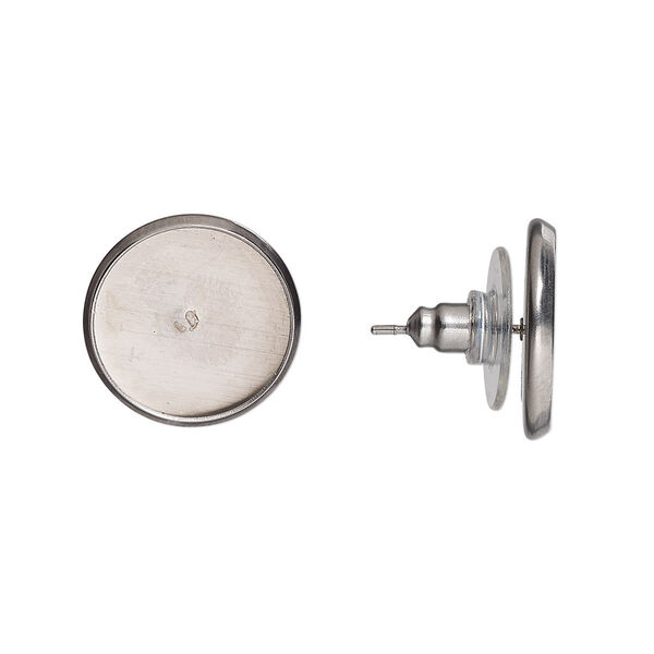 Earstud, stainless steel, 16mm round with 14mm round setting. Sold per pkg of 2 pairs. image number 0