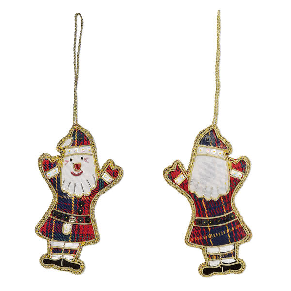 Ornament, tartan / glass pearl / gold- / silver-finished copper, multicolored, 8 inches with 4-1/2 x 2-1/2 inch two-sided Santa. Sold individually. image number 0