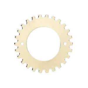 Component, gold-finished steel, 29mm gear with 18mm rivoli setting and 2 holes, 16.5mm center hole. Sold per pkg of 6.