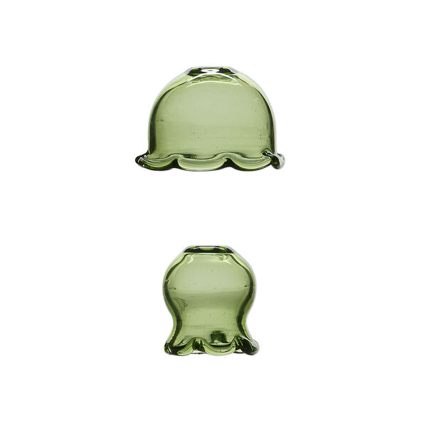 Component, glass, green, 24x16mm and 16x16mm jellyfish, handmade. Sold per 2-piece set. image number 0