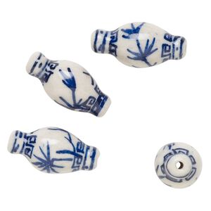 Bead, porcelain, blue and white, 28x14mm-29x15mm vase with foliage design. Sold per pkg of 4.
