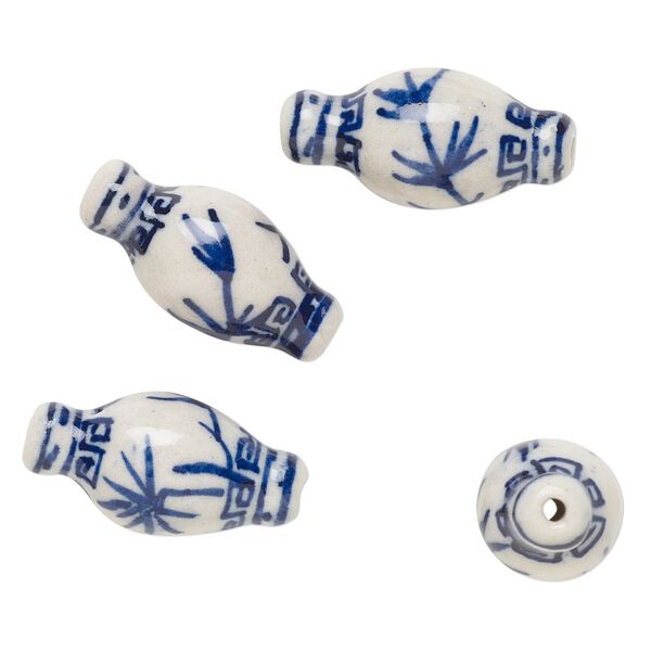Bead, porcelain, blue and white, 28x14mm-29x15mm vase with foliage design. Sold per pkg of 4. image number 0