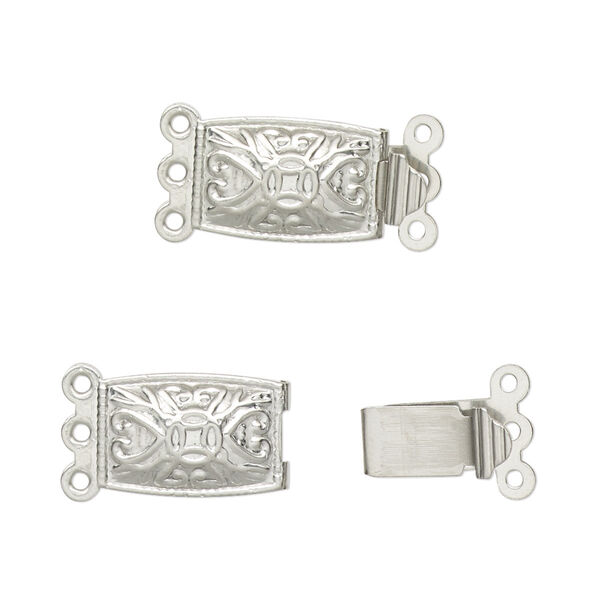 Clasp, 3-strand tab, stainless steel, 14.5x10mm rectangle with heart and cross design. Sold per pkg of 10. image number 0