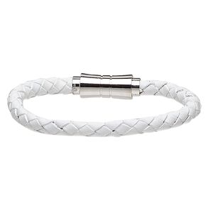Bracelet, Everyday Jewelry, leather (dyed) and stainless steel, white, 6mm bolo cord, 6-1/2 inches with magnetic clasp. Sold individually.