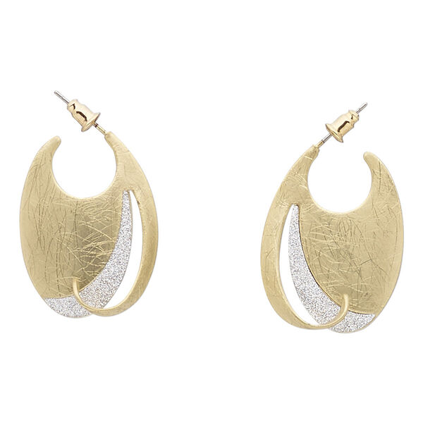 Earring, gold-finished brass and steel, silver with glitter, 26mm with scratched fancy oval and post. Sold per pair. image number 0