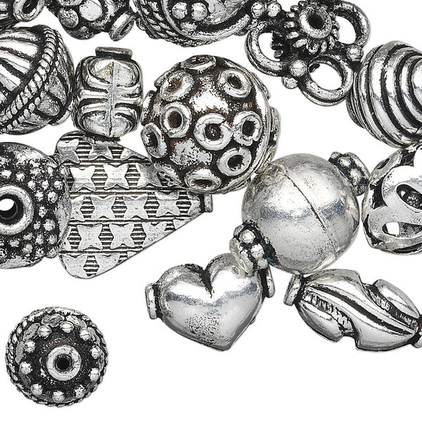 Bead and bead cap, antique silver-plated copper, 12x6mm-17x17mm assorted sizes in 50 styles, 2 of each style. Sold per pkg of 100. image number 0
