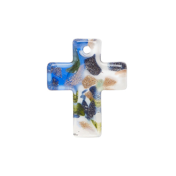 Drop, lampworked glass 1pkg1, opaque and translucent multicolored with copper-colored glitter, 25x20mm single-sided cross with swirl design. image number 0