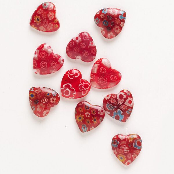 Bead, millefiori glass, pkg/10, translucent red with multicolored, 15mm half-drilled and undrilled puffed heart. image number 0
