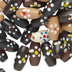 Bead mix, painted Korean boxwood, mixed colors, 15x7mm oval with flower design and 2.5mm hole. Sold per 50-gram pkg, approximately 260 beads.