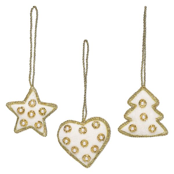 Ornament mix 1pkg3 velveteen / glass pearl / nylon / gold-finished copper, off-white and white, 54x53mm-57x53mm assorted 2-sided Christmas tree / heart / star. image number 0