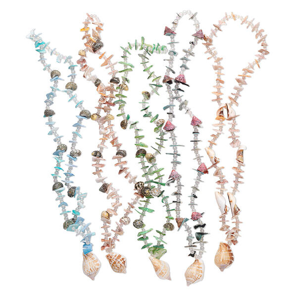 Necklace mix, multi-shell (natural / dyed), multicolored, 4-38mm with centerpiece shell and acrylic AB spacers, 25-inch continuous loop. Sold per pkg of 5. image number 0