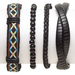 Bracelet mix, Everyday Jewelry, leather (dyed) / faux leather (dyed) / glass / waxed cotton cord, multicolored, 5-14mm wide, 7-8 inches. Sold per pkg of 4.
