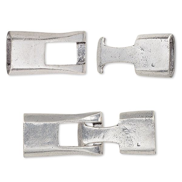 Clasp, hook-and-eye, antique silver-plated white brass, 40x13mm with glue-in ends, 10x7mm inside diameter. Sold individually. image number 0