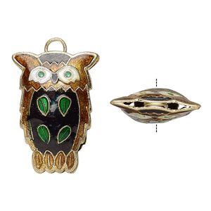 Charm, enamel and gold-finished copper, multicolored, 26x19mm double-sided owl. Sold per pkg of 4.