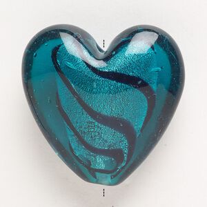 Bead, lampworked glass, pkg/1, opaque and translucent teal and black with silver-colored foil, 34-36mm puffed heart.