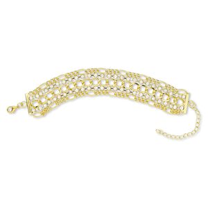 Bracelet, 5-strand, glass rhinestone / gold-finished brass / steel / "pewter" (zinc-based alloy), clear, 25mm wide, 6-1/2 inches with 2-1/2 inch extender chain and lobster claw clasp. Sold individually.