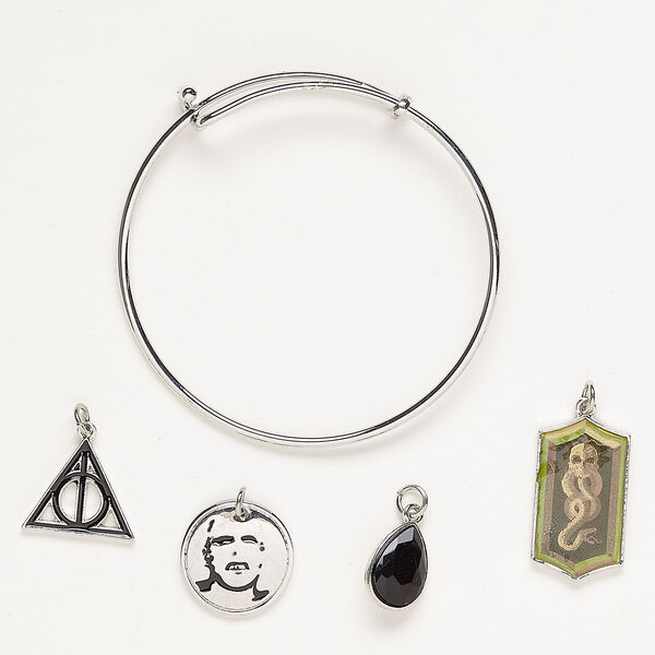 Bracelet and charm assortment, antique silver-finished brass / steel / glass / enamel, green / black / tan, Deathly Hallows theme, 7-1/2 inches. Sold per 5-piece set. image number 0