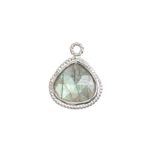 Drop, labradorite (natural) and sterling silver, 16x16mm-18x17mm hand-cut double-sided faceted teardrop with twisted wire design. Sold individually. image number 0