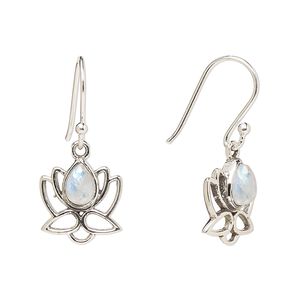 Earring, Create Compliments®, antiqued sterling silver and rainbow moonstone (natural), fishhook, 26.5mm with 12mm single-sided open lotus, 21 gauge. Sold per pair.