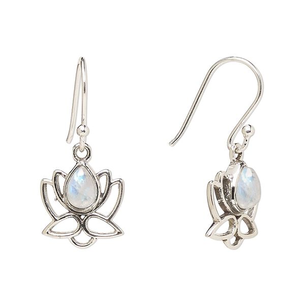 Earring, Create Compliments®, antiqued sterling silver and rainbow moonstone (natural), fishhook, 26.5mm with 12mm single-sided open lotus, 21 gauge. Sold per pair. image number 0