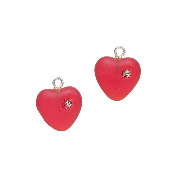 Drop, cubic zirconia / Czech glass / silver-plated brass 1pkg2, clear and translucent frosted dark red, 11mm heart. image number 0