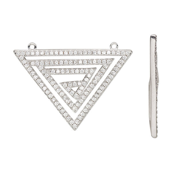 Focal, cubic zirconia and silver-finished brass, clear, 30x25.5x25mm single-sided triangle with 2 loops. Sold individually. image number 0