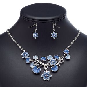 Necklace and earring set, enamel / glass rhinestone / imitation rhodium-plated brass / steel / "pewter" (zinc-based alloy), blue / dark blue / clear, lotus, 18-inch necklace with 2-inch extender chain and lobster claw clasp, 26mm earrings with fishhook ear wire. Sold per set.