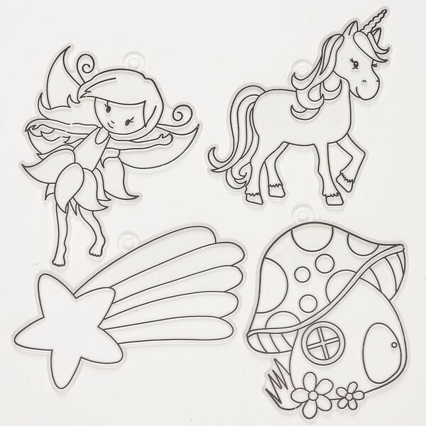 Focal assortment 1pkg4, plastic, clear and black, 3-1/2 x 3-1/2 inch mushroom / 3-1/2 x 3 inch fairy / 3 x 2-3/4 inch unicorn / 4-1/2x2 inch shooting star. image number 0