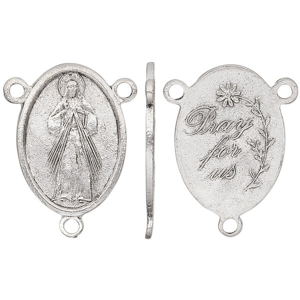 Connector, antiqued pewter (tin-based alloy), 23x16mm two-sided oval rosary with Jesus Divine Mercy and "Pray for us." Sold individually. image number 0