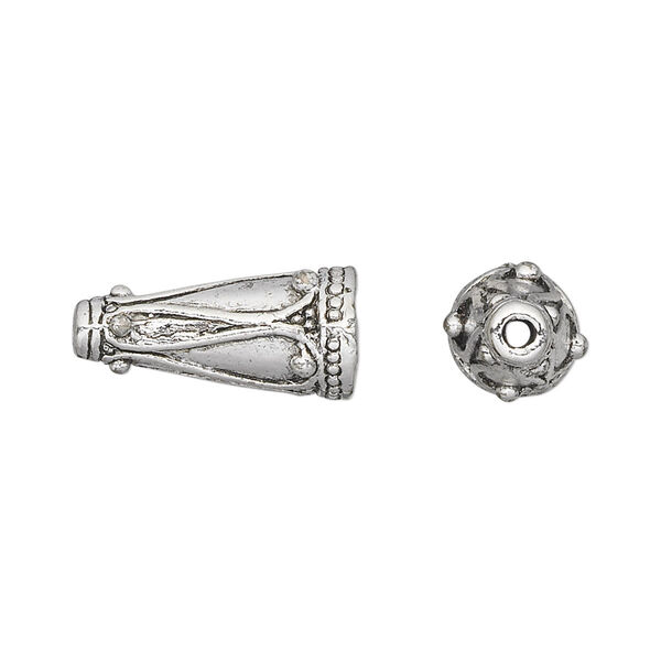 Cone, antique silver-plated pewter (tin-based alloy), 19x9mm with swirl design, 8.5mm inside diameter. Sold per pkg of 2. image number 0