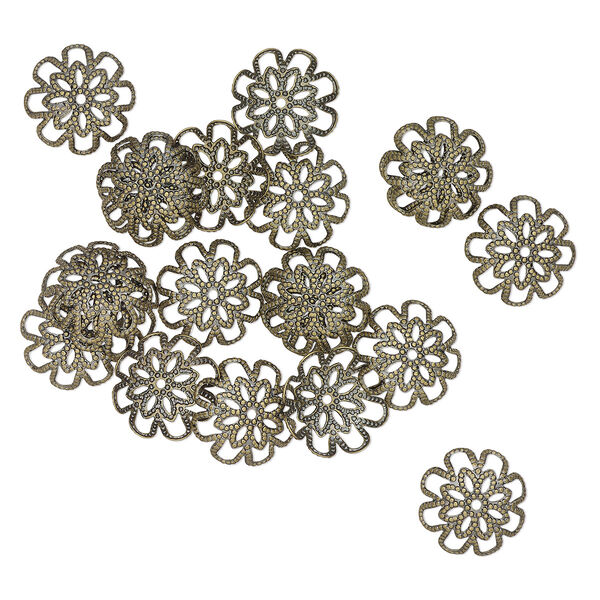 Bead cap, antique brass-finished aluminum, 15mm textured scalloped round, fits 14-16mm beads. Sold per pkg of 20. image number 0
