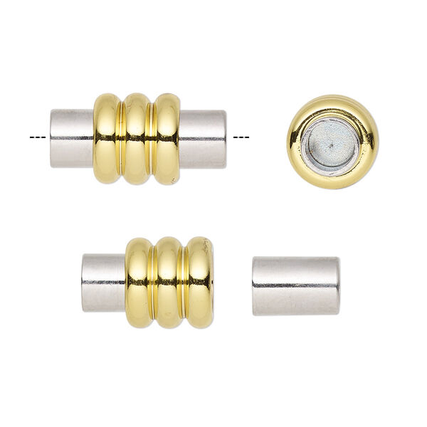 Clasp, magnetic, gold- and silver-finished brass, 18x9mm ribbed barrel with glue-in ends, 4.5mm inside diameter. Sold individually. image number 0