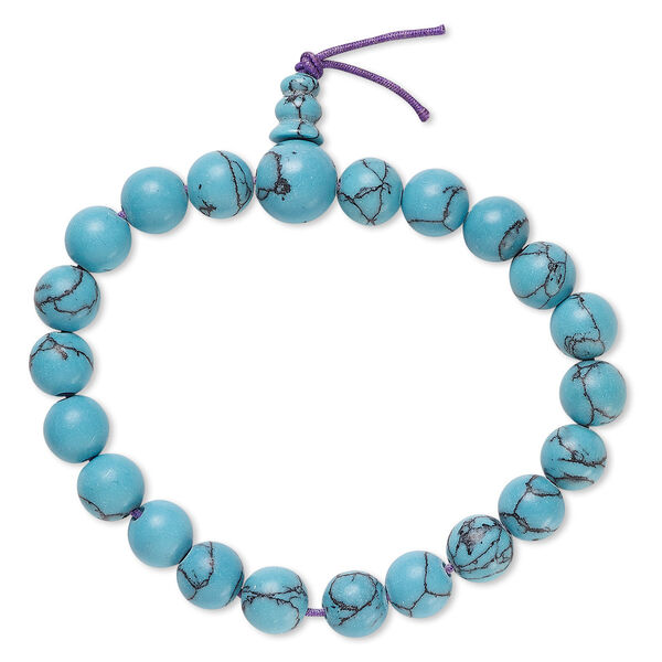 Bracelet, stretch, "turquoise" (imitation) resin, teal, 7-8mm round, up to 6 inches. Sold individually. image number 0