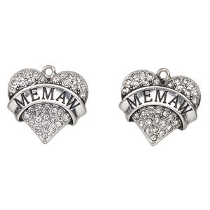 Charm, antique silver-finished enamel "pewter" (zinc-based alloy) and glass, clear and black, 24x23mm heart with "Memaw". Sold per pkg of 2.