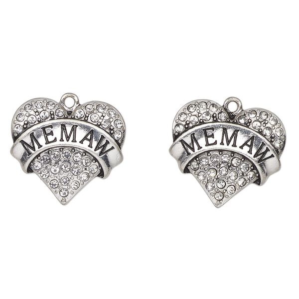 Charm, antique silver-finished enamel "pewter" (zinc-based alloy) and glass, clear and black, 24x23mm heart with "Memaw". Sold per pkg of 2. image number 0