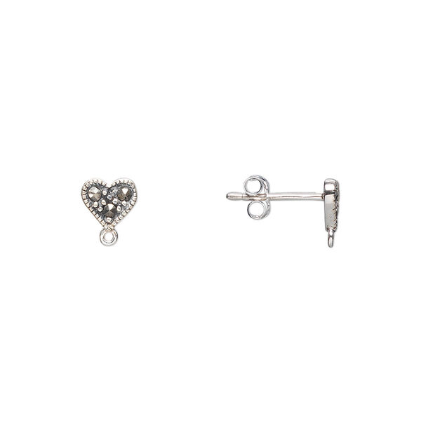 Earstud, sterling silver and marcasite, 5x5mm heart with closed loop. Sold per pair. image number 0