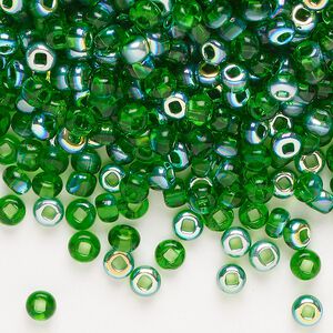Glass 1pkg1, square hole round seed bead translucent green AB #6 100g