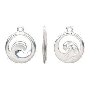 Drop, sterling silver, 16mm two-sided open textured round with wave design. Sold individually.
