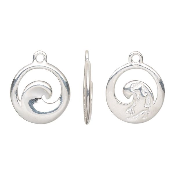 Drop, sterling silver, 16mm two-sided open textured round with wave design. Sold individually. image number 0