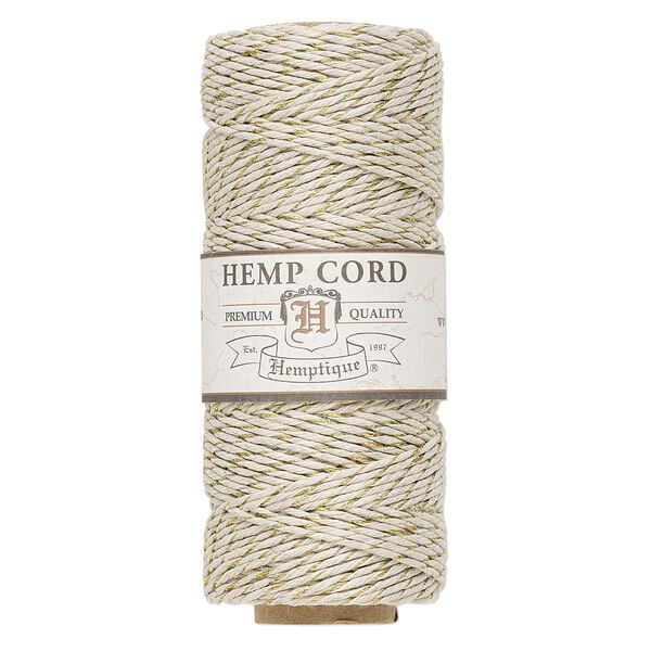 Cord, Hemptique®, polished hemp, metallic gold and natural, 1mm diameter, 20-pound test. Sold per 205-foot spool. image number 0