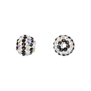 Bead, Egyptian glass rhinestone / epoxy / resin, white / black / clear AB, 10mm round with pavé striped design. Sold individually.