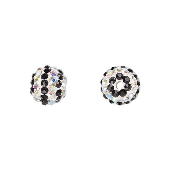 Bead, Egyptian glass rhinestone / epoxy / resin, white / black / clear AB, 10mm round with pavé striped design. Sold individually. image number 0