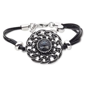 Bracelet, 4-strand, leather (dyed) / glass / silver-coated plastic / silver- / antique silver-plated steel / "pewter" (zinc-based alloy), black and grey, 38mm round, 8 inches with 2-inch extender chain and lobster claw clasp. Sold individually.